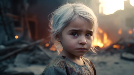 Portrait of a little girl on the background of a burning house. Make with generative AI.の素材