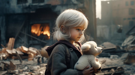 Sad little girl with teddy bear in the ruins of an old building. Make with generative AI.の素材