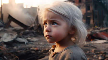 Portrait of a sad little girl on the background of a destroyed building. Make with generative AI.の素材