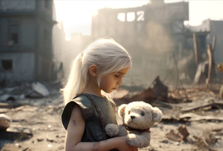 Little girl with teddy bear in her hands. The concept of loneliness and sadness. Make with generative AI.の素材