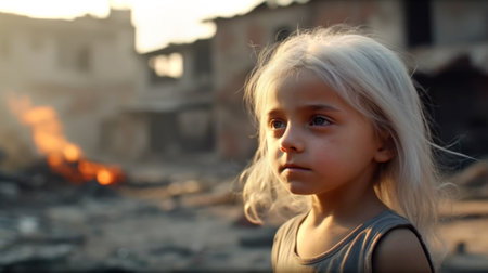 Portrait of a little girl on the background of the fire. Make with generative AI.の素材