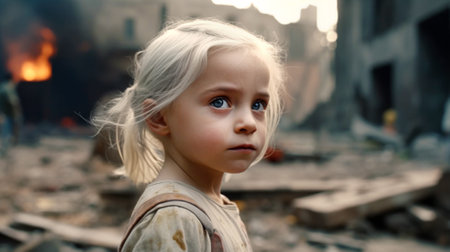 Image of a little girl with blonde hair and blue eyes in an abandoned building. Make with generative AI.の素材