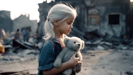 Sad little girl with teddy bear on ruins background. Concept of sorrow, grief, sadness, sorrow. Make with generative AI.の素材