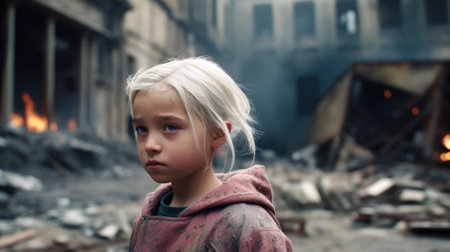 A little girl with blond hair walks near the destroyed houses as a result of hostilities.Make with generative AI.の素材