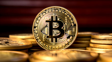 Gold bitcoins close up background, make with Generative AIの素材