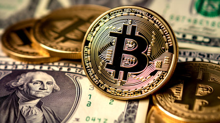 Cryptocurrency bitcoin close-up, in the background american dollars, make with Generative AIの素材