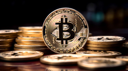 Gold bitcoins close up background, make with Generative AIの素材