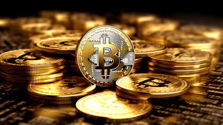 Gold bitcoins close up background, make with Generative AIの素材