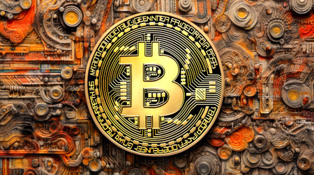 Gold bitcoins close up background, make with Generative AIの素材