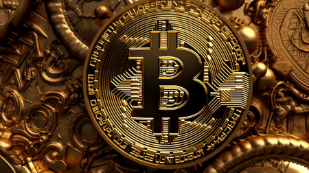 Gold bitcoins close up background, make with Generative AIの素材