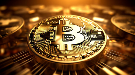 Gold bitcoins close up background, make with Generative AIの素材