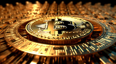 Gold bitcoins close up background, make with Generative AIの素材