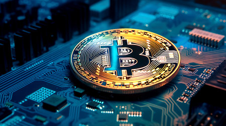 Gold bitcoins close up background, make with Generative AIの素材