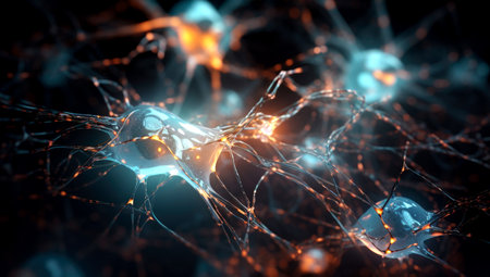 Neuron activity. Synapses and axones transmitting electrical signals. Made with AI generationの素材