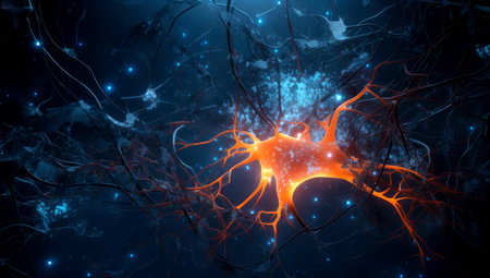 Neuron activity. Synapses and axones transmitting electrical signals. Made with AI generationの素材