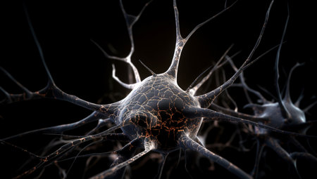 Neuron activity. Synapses and axones transmitting electrical signals. Made with AI generationの素材