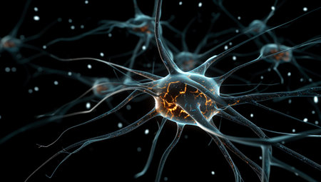 Neuron activity. Synapses and axones transmitting electrical signals. Made with AI generationの素材