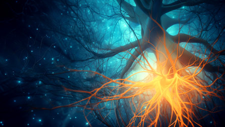 Neuron activity. Synapses and axones transmitting electrical signals. Made with AI generationの素材