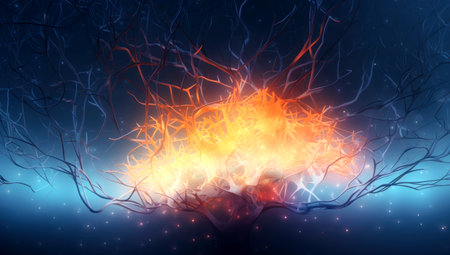 Neuron activity. Synapses and axones transmitting electrical signals. Made with AI generationの素材