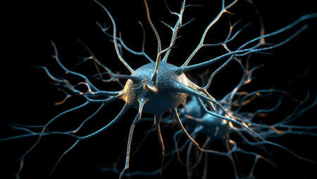 Neuron activity. Synapses and axones transmitting electrical signals. Made with AI generationの素材