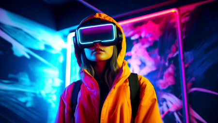A girl looks into VR glasses on a luminous background of the city, made with AI gererationの素材