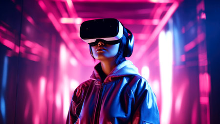 A girl looks into VR glasses on a luminous background of the city, made with AI gererationの素材