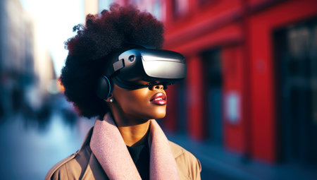 A black girl walks down the street and looks into VR glasses, made with AI gererationの素材