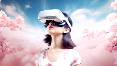 Asian girl in headphones listens to music looks into VR glasses and fantasizes, made with AI gererationの素材