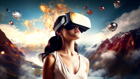 girl in headphones listens to music looks into VR glasses and fantasizes, made with AI gererationの素材