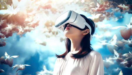 Asian girl in headphones listens to music looks into VR glasses and fantasizes, made with AI gererationの素材