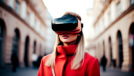 girl walks down the street and looks into VR glasses, made with AI gererationの素材