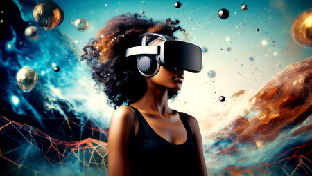 A black girl in headphones listens to music looks into VR glasses and fantasizes, made with AI gererationの素材