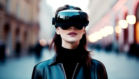 girl walks down the street and looks into VR glasses, made with AI gererationの素材