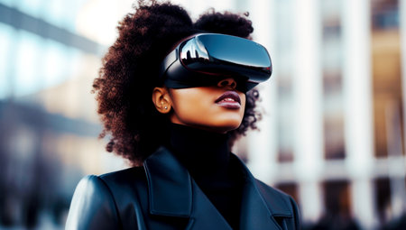 A black girl walks down the street and looks into VR glasses, made with AI gererationの素材