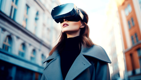 girl walks down the street and looks into VR glasses, made with AI gererationの素材