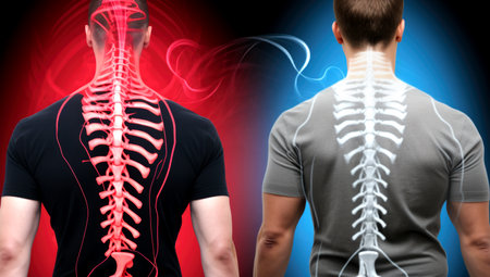 X-ray of human spine showing pain Caused by the curvature of the spine, blue tone. Made with AI generationの素材