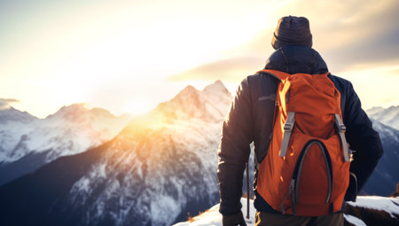 close up portrait of hiker looking at the horizon in the mountains, Made with AI gererationの素材