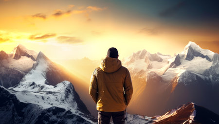 close up portrait of hiker looking at the horizon in the mountains, Made with AI gererationの素材