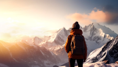 close up portrait of hiker looking at the horizon in the mountains, Made with AI gererationの素材
