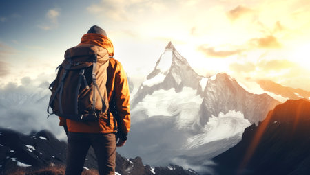 close up portrait of hiker looking at the horizon in the mountains, Made with AI gererationの素材