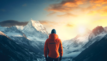 close up portrait of hiker looking at the horizon in the mountains, Made with AI gererationの素材