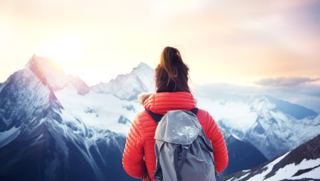 close up portrait of hiker looking at the horizon in the mountains, Made with AI gererationの素材