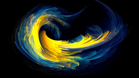 Yellow-blue smoke in neon light on black background. Made with AI generationの素材