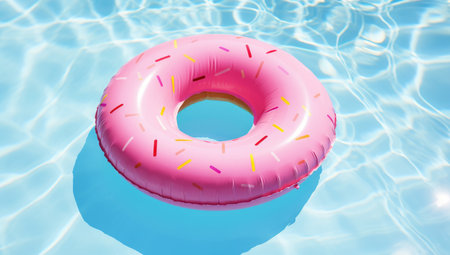 Hipster sprinkled donut float in sunny pool background straight down on bright clear pool water, vivid filter. Made with AI generationの素材