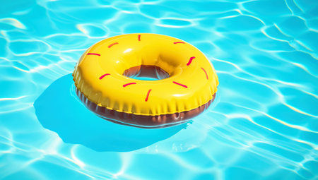 Hipster sprinkled donut float in sunny pool background straight down on bright clear pool water, vivid filter. Made with AI generationの素材
