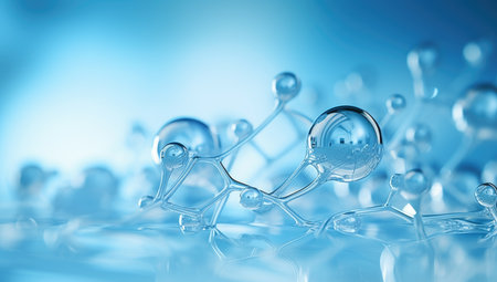 Oxygen bubbles in clear blue water, close up. mineral water. Water enriched with oxygen. . Made with AI generationの素材