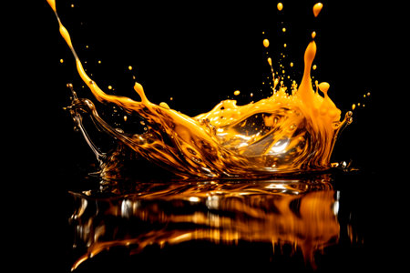 splash of apple juice isolated on black background. beautiful splash of wine close-up. golden water splash. engine oil splash. fuel. petrol. Made with AI generationの素材
