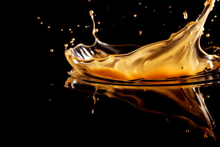 splash of apple juice isolated on black background. beautiful splash of wine close-up. golden water splash. engine oil splash. fuel. petrol. Made with AI generationの素材