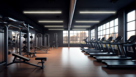 modern light gym. Sports equipment in the gym. Barbells of different weights on rack. made with AI generationの素材