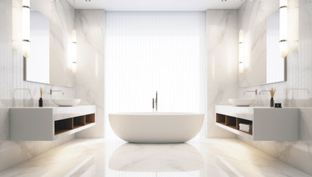 Modern bathroom with a shower area and bath tub including a wall mirror beside a fancy plant near a tap and sink over the wooden counter and dark cupboard, made with AI gererationの素材